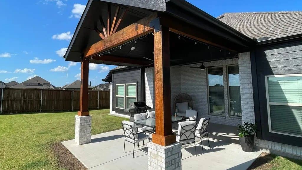 cedar patio cover gable brick column bases