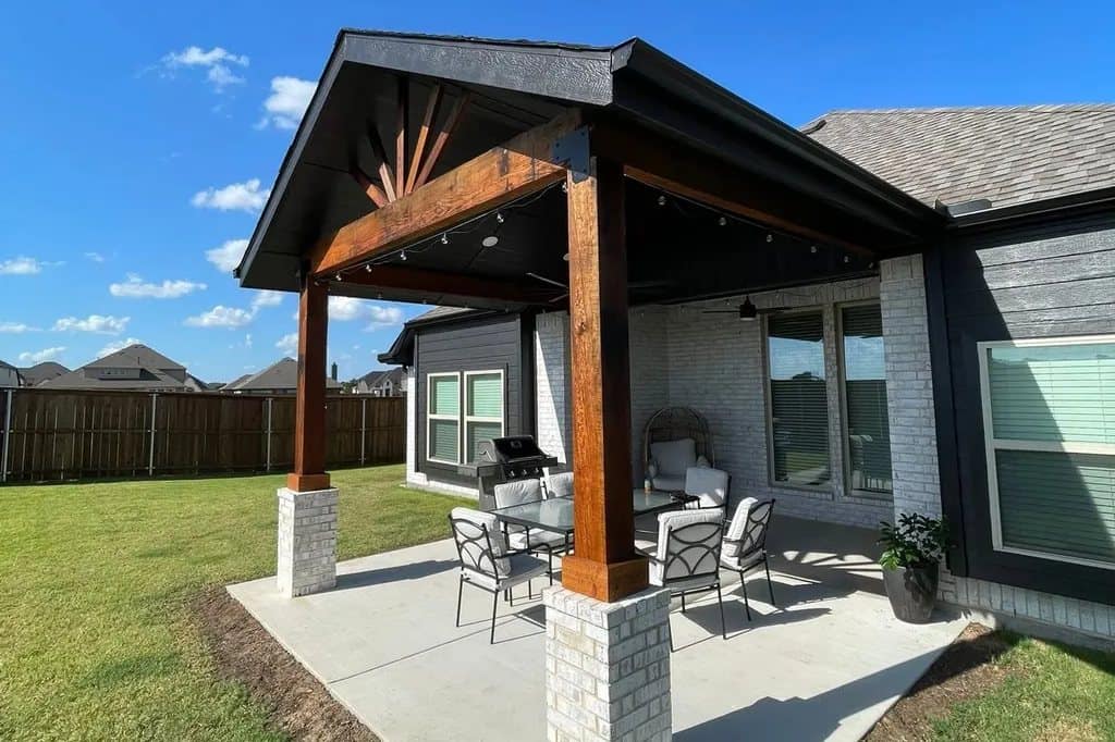 cedar patio cover gable brick column bases