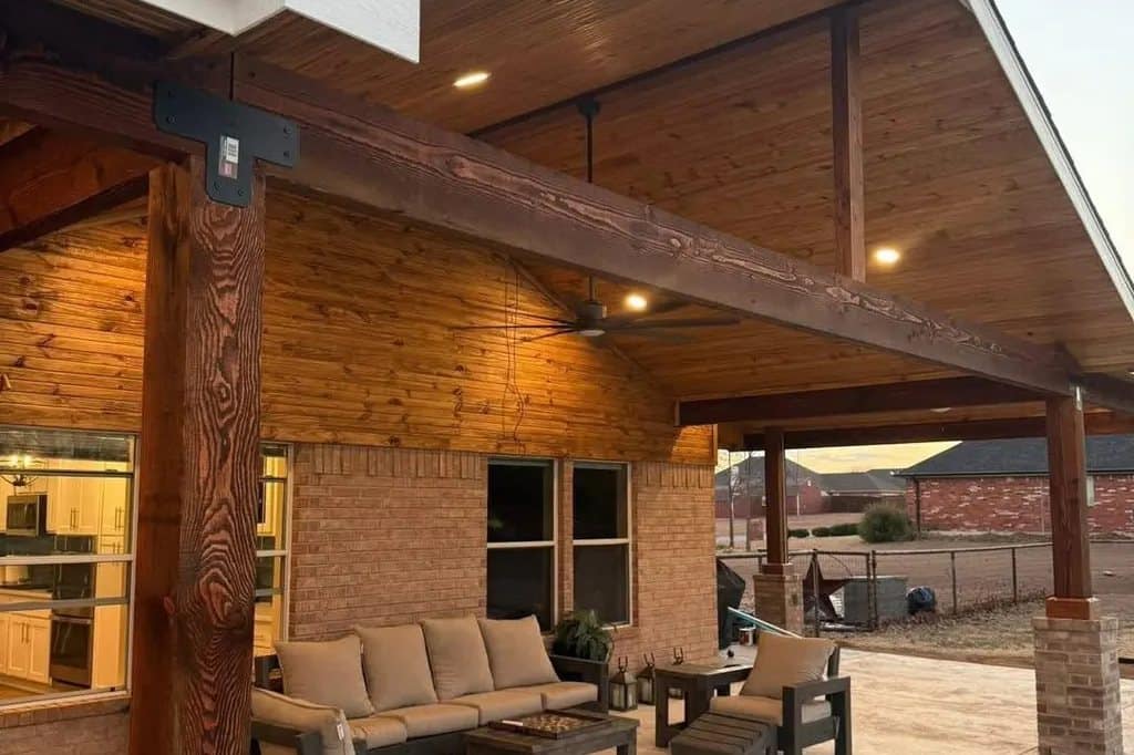 cedar patio cover vaulted ceiling at dusk