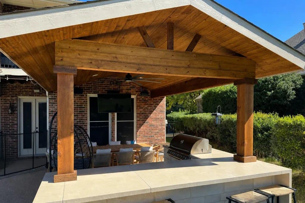 cedar patio cover over outdoor kitchen and bar