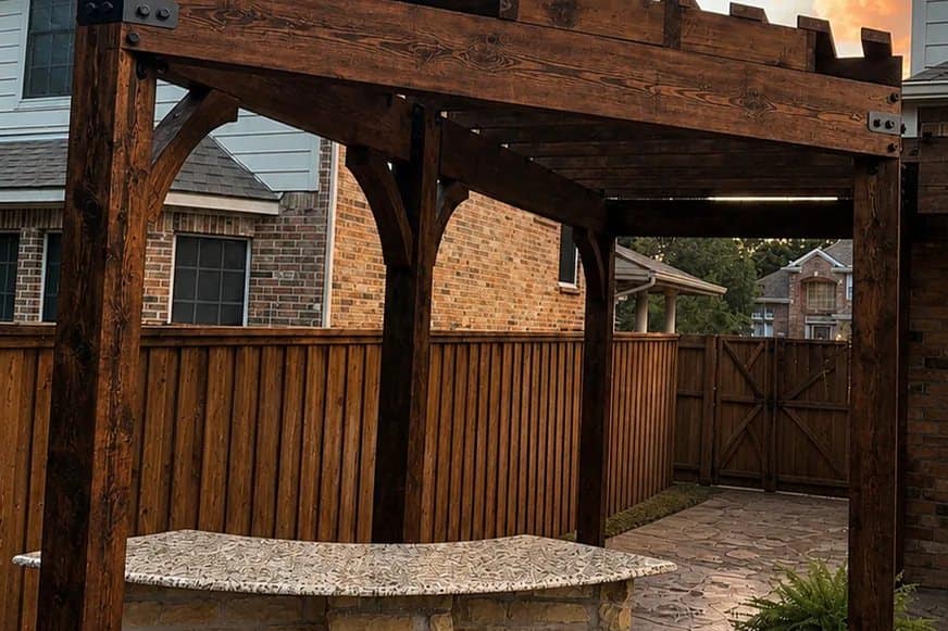 dark stained timber pergola over stone bar