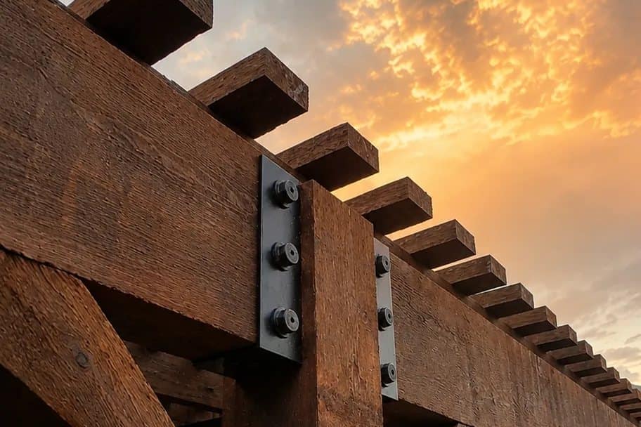 rough cut timber pergola brackets at sunset