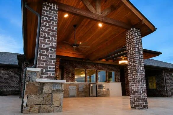 cedar patio cover gable panorama at dusk