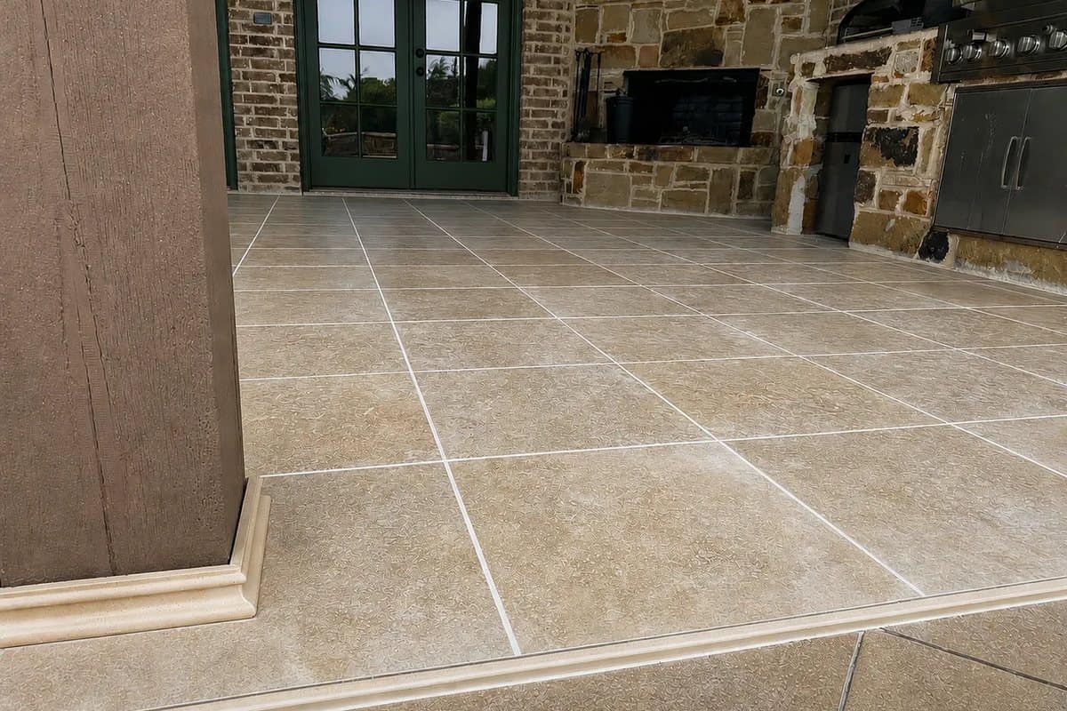 covered patio outdoor kitchen travertine tile detail