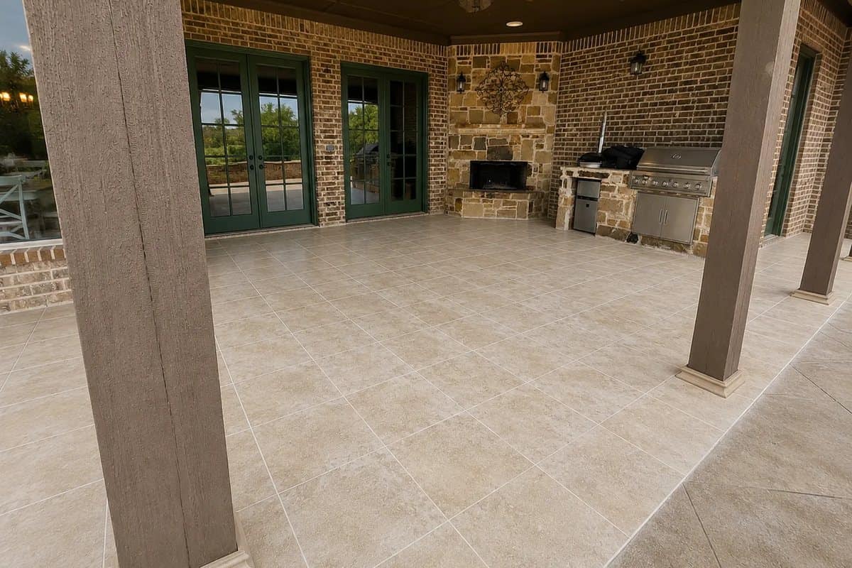 covered patio stone outdoor kitchen travertine floor