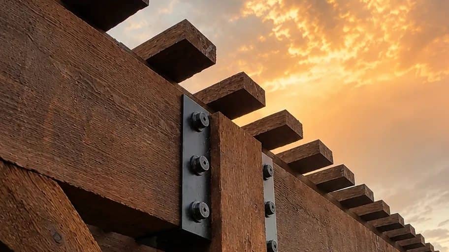 rough cut timber pergola brackets at sunset
