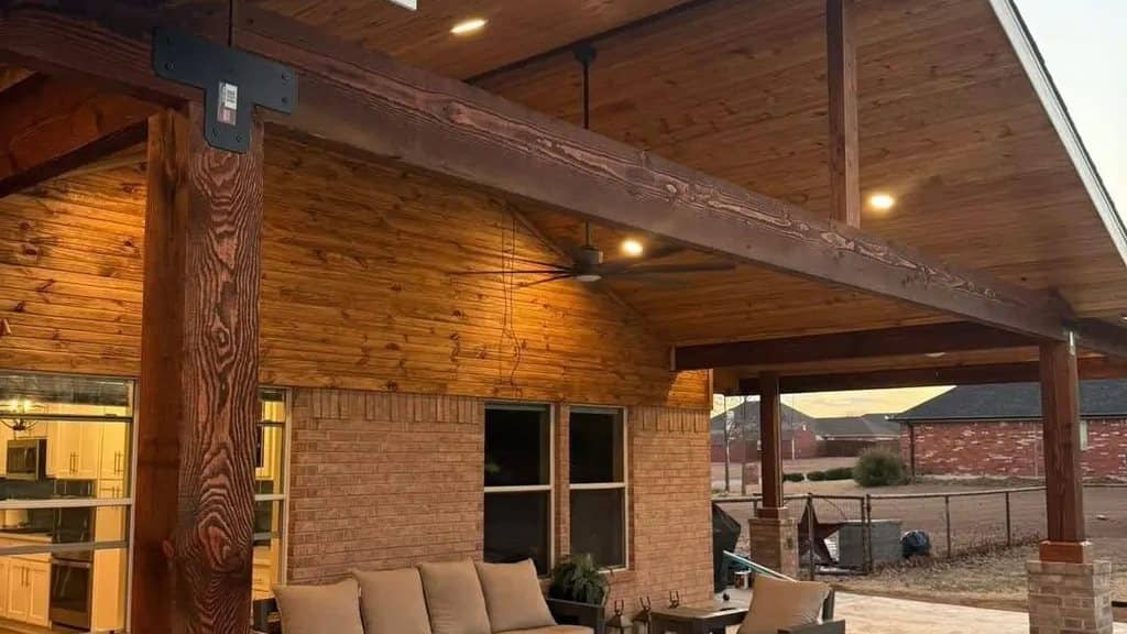 cedar patio cover vaulted ceiling at dusk