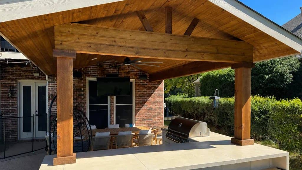 cedar patio cover over outdoor kitchen and bar