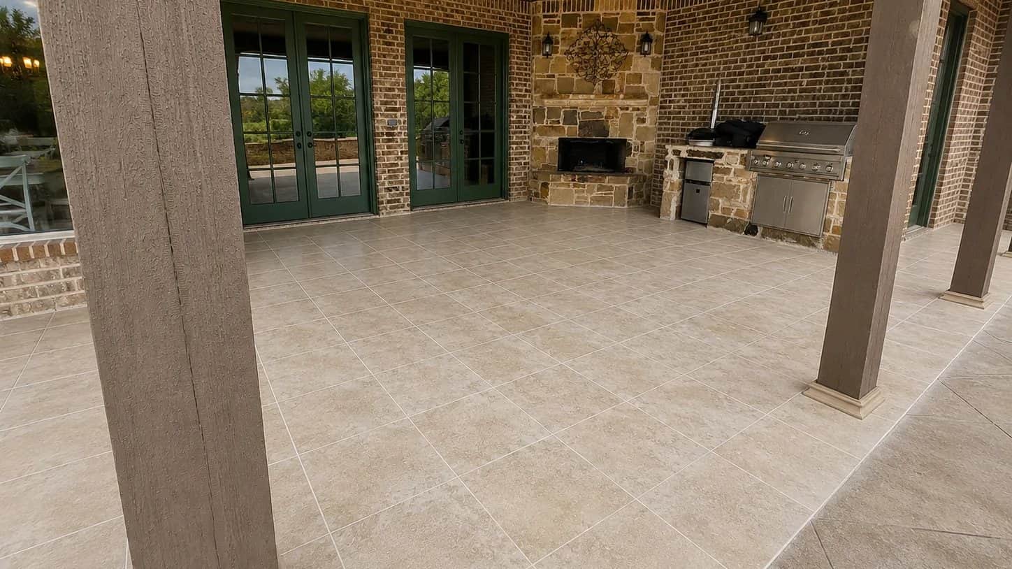 covered patio stone outdoor kitchen travertine floor