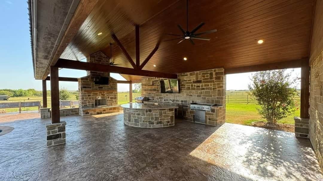 covered pavilion stone outdoor kitchen timber truss